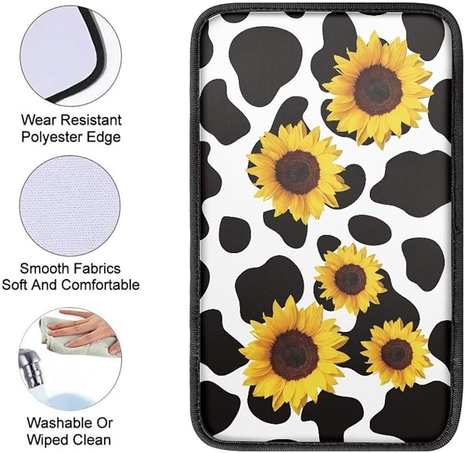 Dreaweet Sunflower Cow Print Car Armrest Cover Center Console Arm Rest Box Pad Mat Cute Car Accessories for Women Girls,Universal Fit SUV
