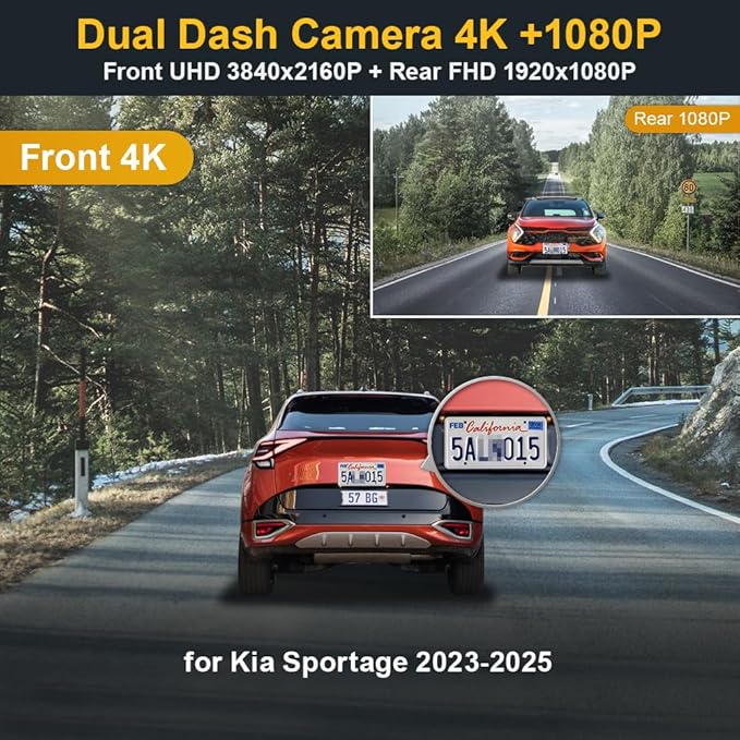 Fitcamx Front 4K+Rear 1080P Dash Cam Adapts for Kia Sportage 2023 2024 2025 (Part No#DW010/P1020/R2010), OEM Style, WiFi & APP, Dual HD Video, Loop Recording, G-Sensor, Easy to Use, 128GB Card