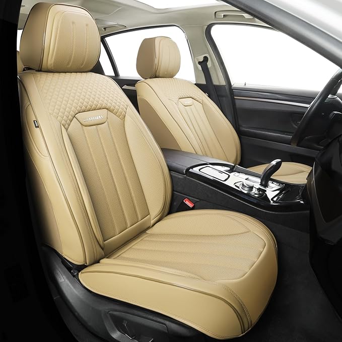 Beige Leather Seat Covers, 5 Seats Universal Car Seat Covers Full Set, Waterproof Automotive Seat Covers Breathable Front and Rear Seat Covers for Most Sedans SUVs Trucks
