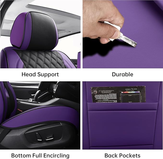Car Seat Covers Front Seat Purple Black, Luxury Faux Leather Waterproof Non-Slip Seat Protector Universal Fit for Most Cars SUVs Trucks Pick-ups,Car Interior Accessories（Purple Black-Front）