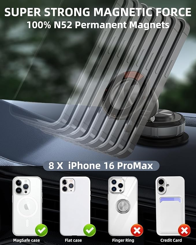 Suction Cup Phone Mount Pro - Vacuum Magnetic Phone Holder for Car, 180° Adjustable Angle, Non-Slip Dashboard/Windshield Car Phone Holder, Bonus Toroidal Metal.