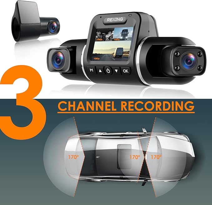RexingUSA V2 PRO AI Dash Cam 3-Channel Front/Cabin/Rear 1080p Recording with Mobile App Night Vision Camera w/Front Collision Warning, Pedestrian Alert, Lane Departure Warning,Clear to Go Alert