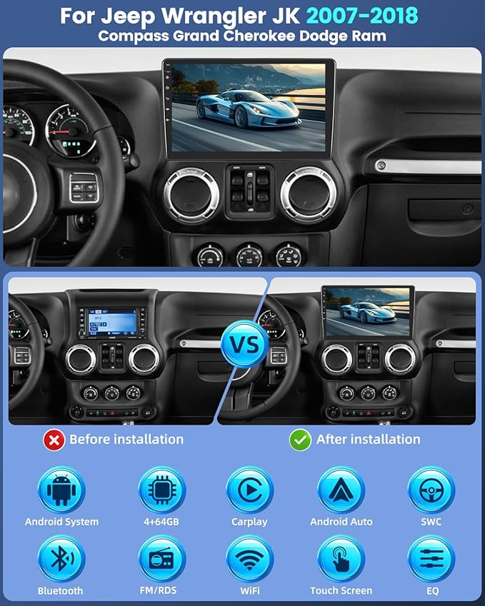 EKAT Car Radio Stereo for Jeep Wrangler JK 2007-2018 Compass Grand Cherokee Dodge Ram with Carplay/Android Auto Upgrade 4GB+64GB