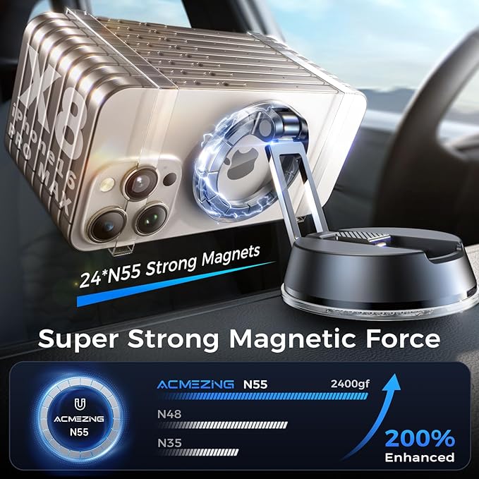 ACMEZING NeverFall Car Phone Holder for MagSafe [78+LBS Ultra Grip | 2400gf Magnetic Power] 360° Foldable Car Mount Cell Phone Holders for Your Car for iPhone 17-12 All Smartphones, Carbon Fiber