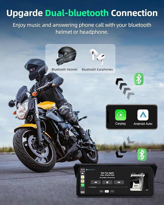 8.1" 4K Motorcycle CarPlay Screen w 4K Dash Cam Wireless Carplay Android Auto Screen for Motorcycle with GPS Navigation Voice Control WiFi Video Dual Bluetooth IPX7 Waterproof TF-64G Wired Control