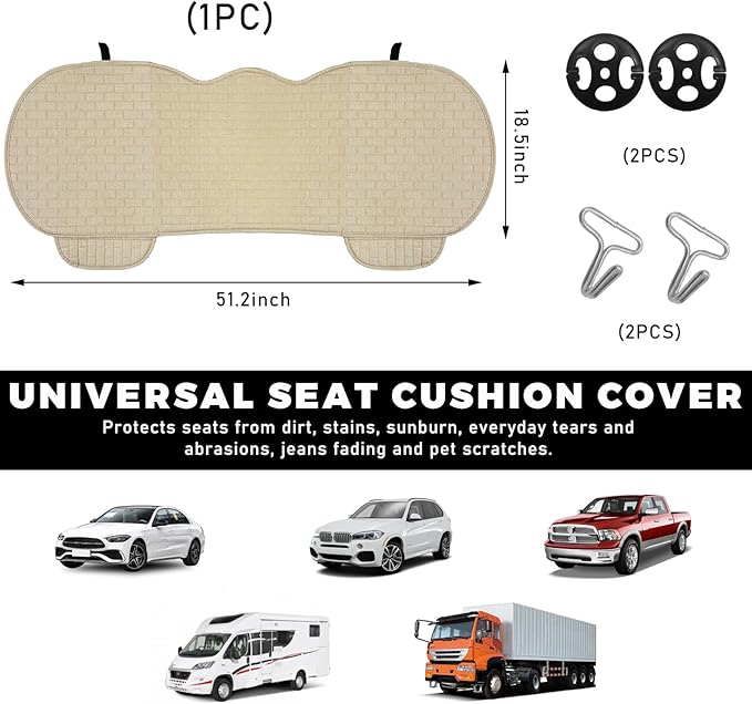 Car Back Seat Cover, Anti-Slip Automotive Long Rear Seat Protectors with Storage Pocket, Breathable Comfortable Back Seat Cushion Pad Mat, Universal Car Accessories (Back Beige)