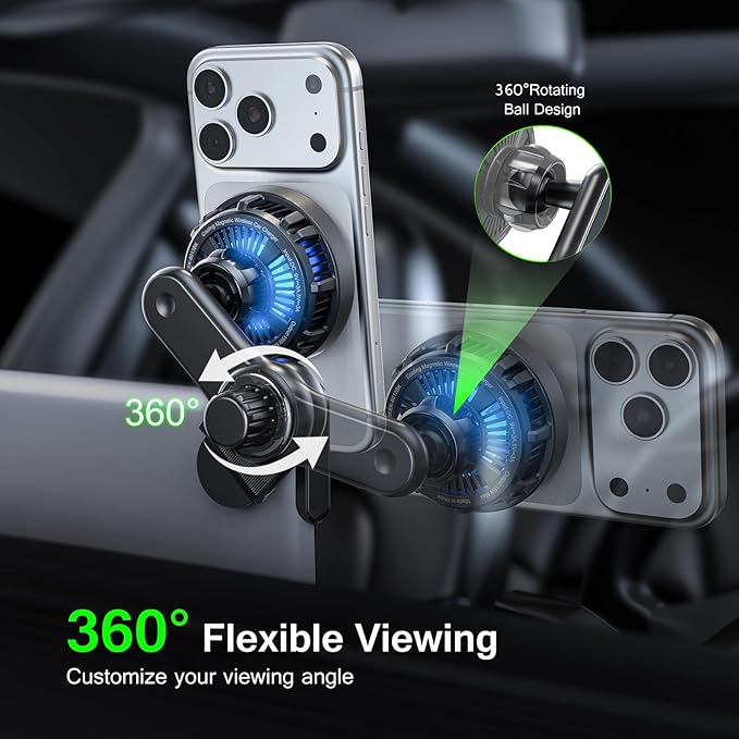 Esoulk [2026 Upgraded] Qi2 25W Fast Wireless Car Charger for Tesla Model 3/Y, Magnetic Phone Mount with Active Cooling Fan, Dashboard Screen Mount for iPhone & Android