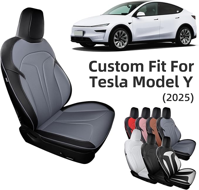 Custom Fit Seat Covers for 2025 2026 Tesla Model Y Juniper (5-Seater), Waterproof Breathable Nappa Leather, OEM Factory Style Full Set Car Seat Protectors Airbag Compatible - Black+Grey