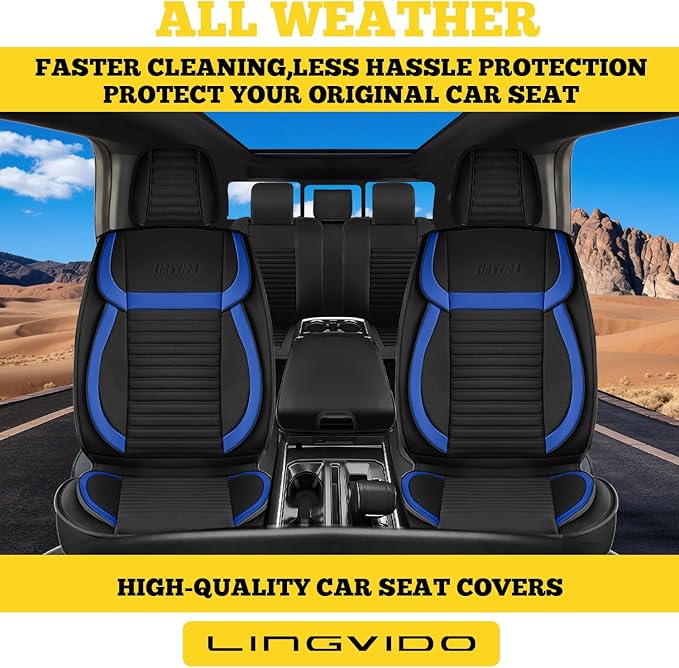 LINGVIDO Full Set Car Seat Covers, Faux Nappa Leather, Airbag Compatible and Waterproof Protectors for Sedans SUVs, Breathable Interior for Active Families, Pets, and Commuters (5 Seats, Black/Blue)