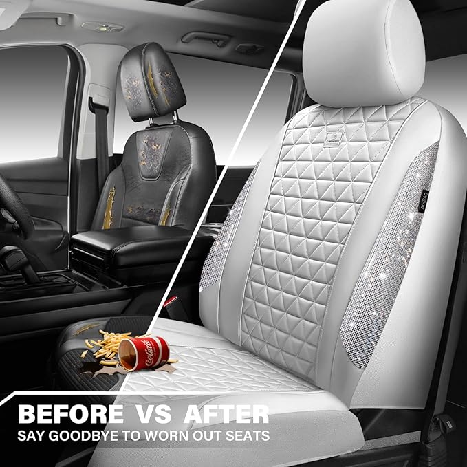 CAR PASS All White Bling Diamond Leather Car Seat Covers Full Sets,Waterproof Shining Glitter Sparkly Crystal Universal Fit for Automotive Truck SUV Cute Women Girl Airbag Compatable,Sliver Rhinestone