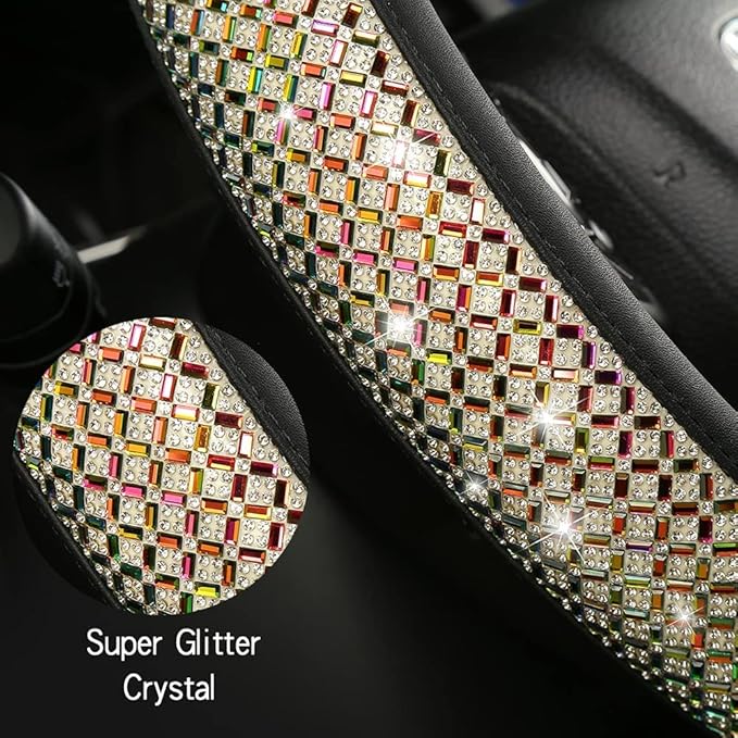 Bling Dianmond Leather Steering Wheel Cover for Women Girls with Crystal Rhinestones, Universal Fit 14.5“-15” in Car Steering Wheel Cover Accessories