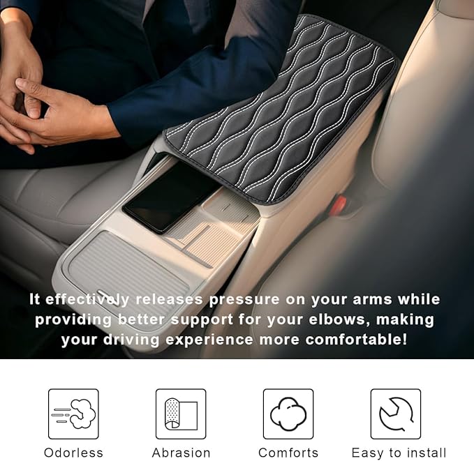 Car Center Console Cushion Pad, 12.48×7.40 Inches Waterproof Car Armrest Seat Box Cover, Comfortable PU Leather Vehicle Armrest Cover Protector, Car Decor Interior Accessories (Black＋White)