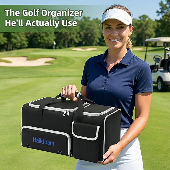 Golf Trunk Organizer, 2-Layer Car Trunk Locker with Ventilated Shoe Compartment for 2 Pairs, Adjustable Dividers, Multi-Pocket Storage for Balls Tees Gloves Towels
