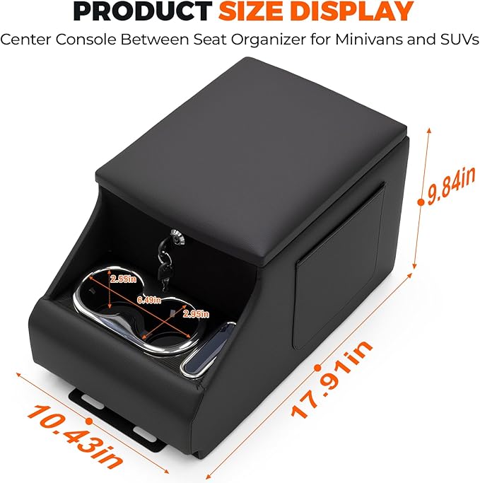 UTV Center Console Between Seat Organizer for Polaris Ranger 1000/XP/Crew 2017-2026, for Ranger XP 900/Crew 2013-2019 Seat Armrest Storage Box with Phone Holder& Dual Cup Holders with Locking