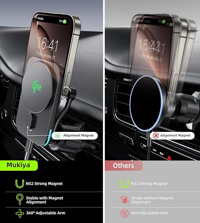 Mukiya for MagSafe Car Charger Mount, Qi2-Certified 15W Magnetic Wireless Car Charger Air Vent，Car Phone Holder Mount for iPhone 17/16/1514/13/12 Series, Pixel 10 Series, Galaxy S25 Series