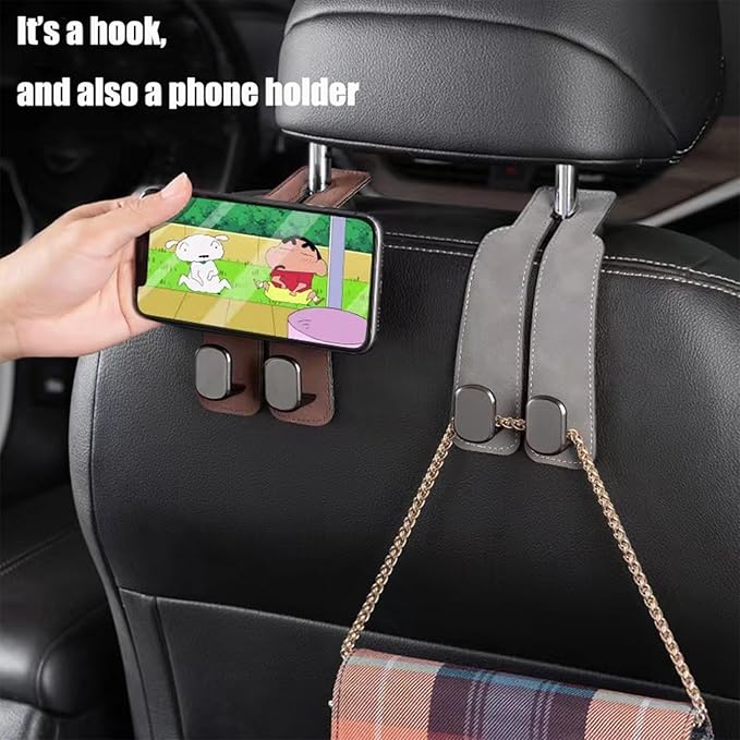 Car Headrest Hooks for Purses and Bags, Double Flexible Leather Hooks Car Accessories Interior for Women Men, 2 in 1 Back Seat Hook Car Organizer and Storage Car Essentials Organization Car Must Haves