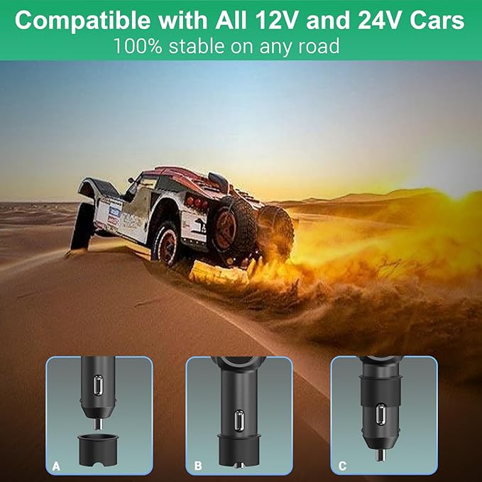Cigarette Lighter Splitter: USB C 12V Car Charger Adapter 2 Socket Type C Multi 12 Volt Power Outlet 24V DC 80W with LED Voltmeter Switch 6.3A Dual USB Port for Mobile Cell Phone GPS Dash Cam