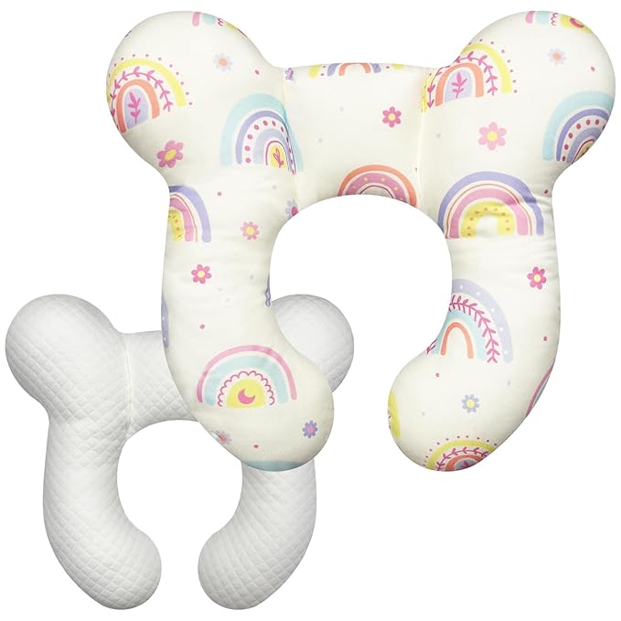 Baby Head Support Pillow for Newborn Toddler, Baby Neck Pillow Upgraded Comfortable Sleep Cushion for Car Plane Stroller Pushchair - Rainbow B