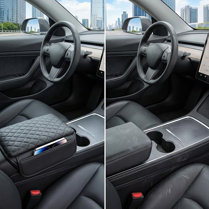 Center Console Cover for 2016-2023 Tesla Model 3 2020-2024 Model Y, PU Leather Armrest Box Cushion Protector Accessories