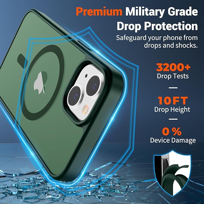 SUPFINE Magnetic for iPhone 15 Case (Compatible with MagSafe) (Military Grade Drop Protection) Slim Translucent Matte Shockproof with Anti-Fingerprint Phone Case, Forest Green