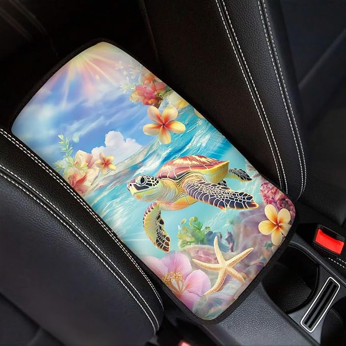 Suobstales Turtle Starfish Hibiscus Plumeria Print Car Armrest Pad Soft Center Console Arm Rest Protector Cover Universal Car Interior Accessories Decoration