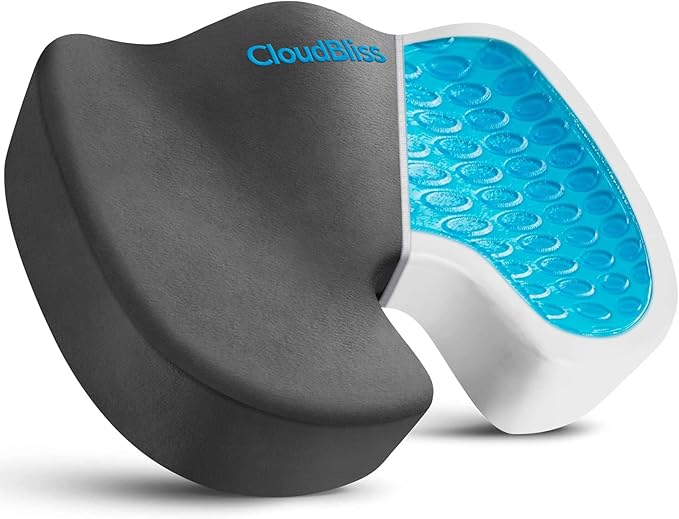 CloudBliss Gel Seat Cushion - Cooling Gel Enhanced, Memory Foam, Ergonomic Seat Cushion for Long Sitting for Office, Game, Car, Airplane (Large, Grey)