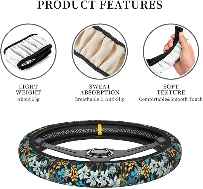 Floral Butterfly Blue Steering Wheel Cover for Women Elastic Rubber Steering Wheel Universal 15 Inch Fit for Cars, Auto, SUVs