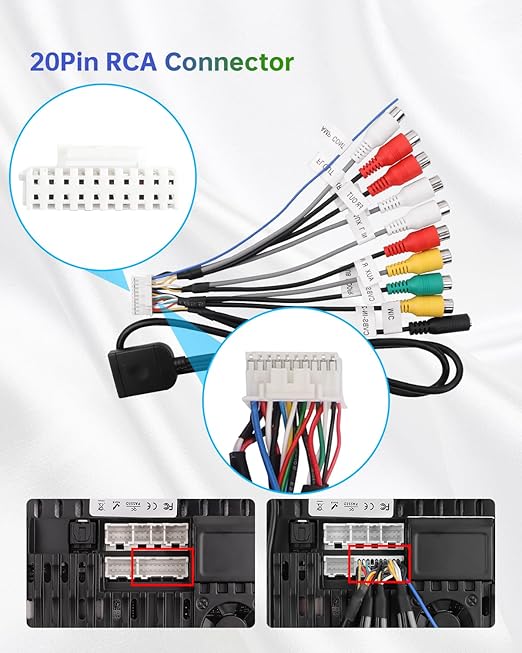20Pin Android Car Stereo RCA Wiring Harness Adapter with 4G SIM Card Slot, Mic Jack, Audio Input/Output Cable, Compatible with Aftermarket Radio for External MIC, Micro SIM Card, Front Camera