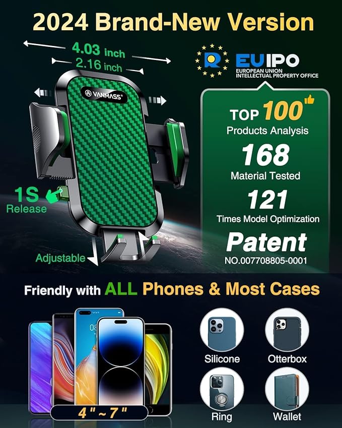 VANMASS Phone Holders for Your Car 2026 Ultimate Phone Mount Military-Grade Windshield Dashboard Vent【Newest Best Strongest】 Cell Phone Car Mount for iPhone 16 Pro Max 15 Samsung Android,Green
