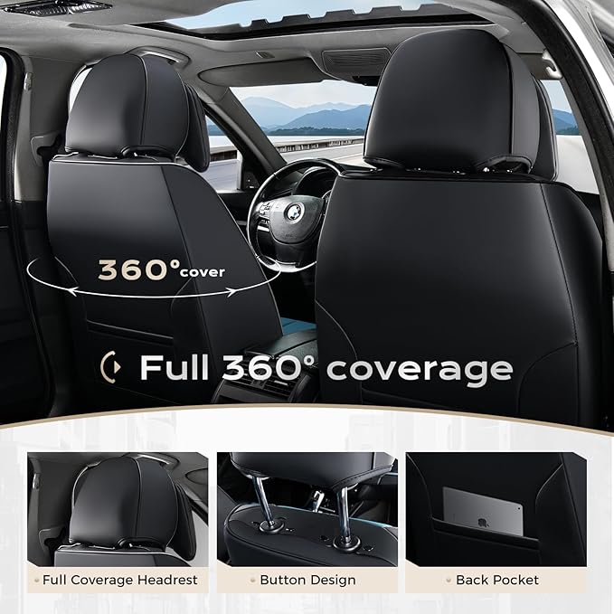 Coverado Seat Covers Full Set, 5 Seats Seat Covers for Cars, Waterproof Nappa Leather Car Seat Covers with Head Pillow, Seat Protectors Car Seat Cushion Universal Fit for Most Cars (Black&Blue)