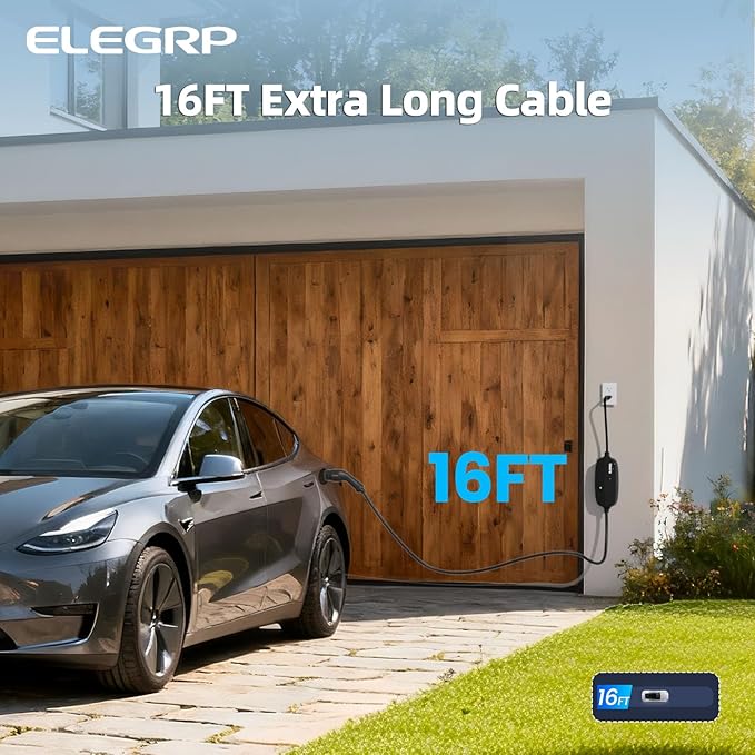 ELEGRP Level 1/2 EV Charger, 16 Amp, Portable J1772 Electric Car Charger, 16FT Cable, NEMA 6-20 & 5-15 Adapter, 110V-240V for BEVs/PHEVs, PBE & LRC Technology