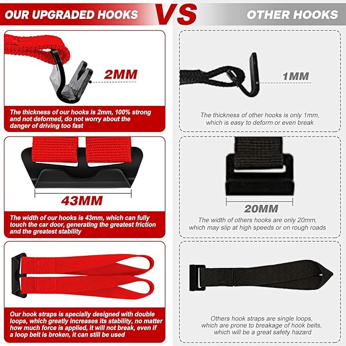 6 Rooftop Cargo Tie Down Hook Straps-Secure Any Car Roof Bag, Roof Rack Cargo Carrier,or Car Top Carrier,Durable and Solid, No Roof Rack Required, Compatible with Most Cars - Registered Patent (red)
