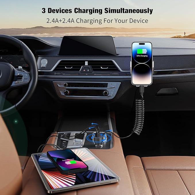 [Apple MFi Certified] USB Car Charger Plug, Aymla Dual Port Coiled Cord Auto Cigarette Lighter Adapter with 5FT Coiled Lightning Cable for iPhone 14 Pro Max/14 Plus/14/13 Pro/13 Mini/12/11/XS/XR/8