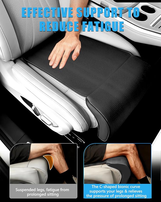 Car Seat Leg Support Cushion, Black Leather Carseat Leg Support, Universal Waterproof Leather Extender Pad for Drivers, Office Chairs, Cars, Buses & Trains