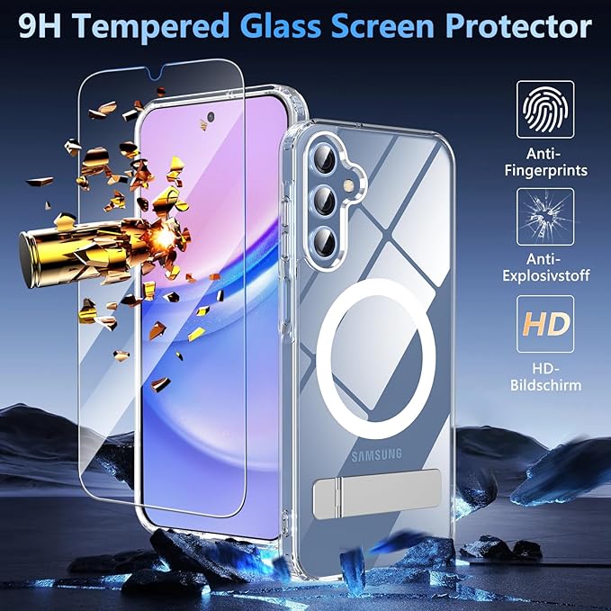 OWKEY for Samsung Galaxy A15 5G Phone Case with Screen Protector & Stand, Magnetic Case for Magsafe Military-Grade Protection Shockproof Matte Cover for Samsung Galaxy A15 5G (Clear)