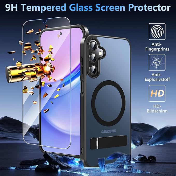 OWKEY for Samsung Galaxy A15 5G Phone Case with Screen Protector & Stand, Magnetic Case for Magsafe Military-Grade Protection Shockproof Matte Cover for Samsung Galaxy A15 5G (Black)