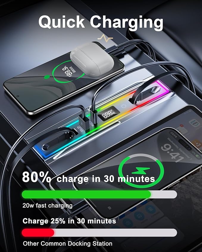 USB Hub for Tesla Model Y Juniper 2026 & Model 3 Highland 2024-2025 with RGB Ambient Light, 4-Port Docking Station, Tesla Phone Charger Charging Center Console Organizer Accessories Gifts