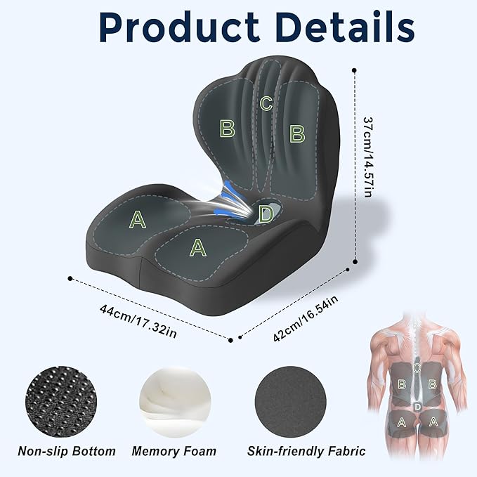 Seat Cushion for Office Chair and Car, L-Shaped Ergonomic Seat Cushions,Memory Foam Orthopedic Cushion with Coccyx Hollow,Lumbar Support & Tailbone Pain Relief for Car, Truck, Home,Gaming Chair,Gray