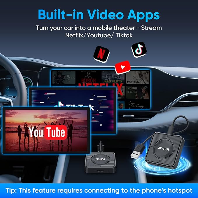 Upgraded Wireless CarPlay Adapter, 3-in-1 Wireless Carplay & Android Auto& Video Adapter, Built in Netflix YouTube Support TF Card, Plug & Play, USB Type C, USB Type A Compatible with iPhone & Android