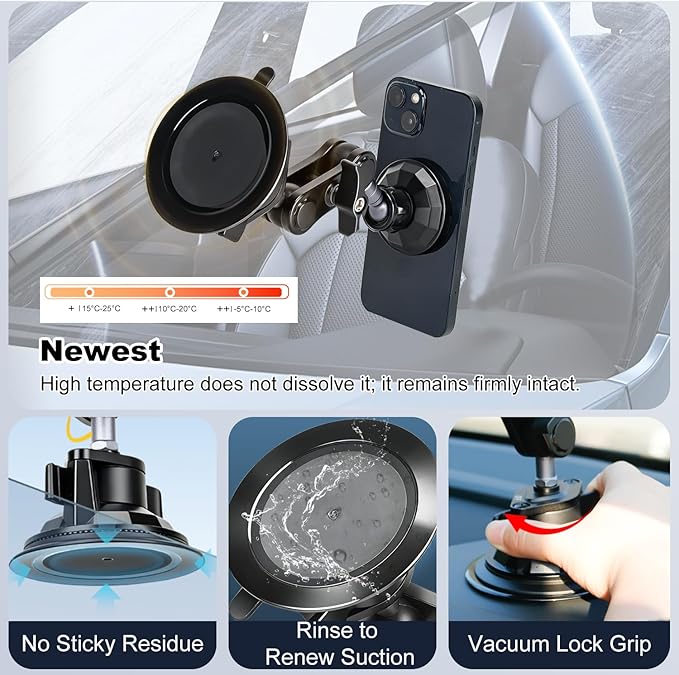 koolehaoda Magnetic Car Phone Holder for Magsafe, Vacuum Suction Cup Phone Mount for Windshield Dashboard, 360° Adjustable Metal Arm Car Phone Holder for iPhone Samsung All Smartphone & Cars Truck