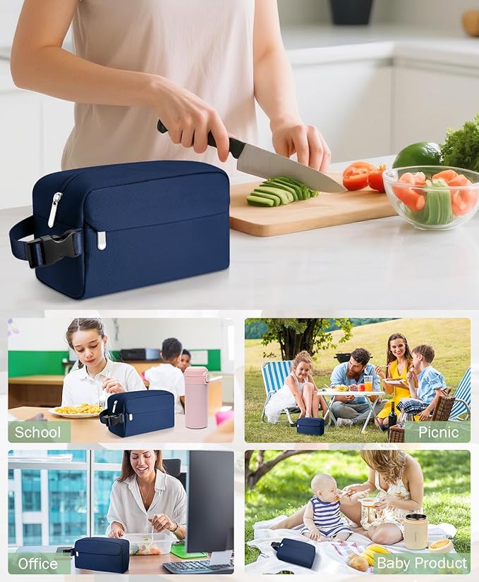 Small Insulated Snack Bag Lunch Bag for Kids Lunch Box for Women/Men, Collapsible [3L/5-Can] Reusable Lunch Bag Cooler Bag for Bottle with Handle Buckle for Work/School/Travel,Dark Blue