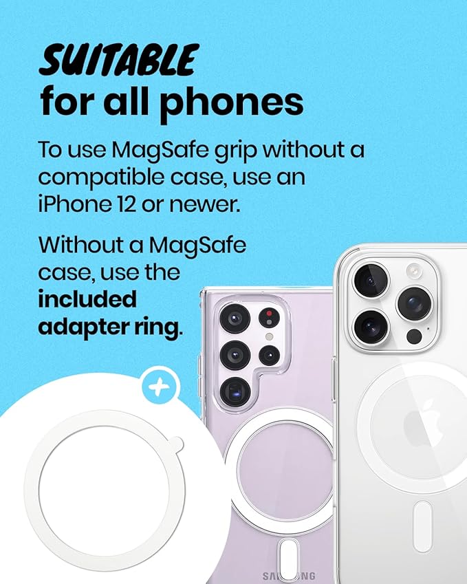 On The Grip Compatible with Magsafe Ultra-Thin Collapsible Phone Grip – Sleek Magnetic Phone Holder for iPhone & Android, 360 Rotation, Wireless Charger Compatible, Durable & Portable (White)