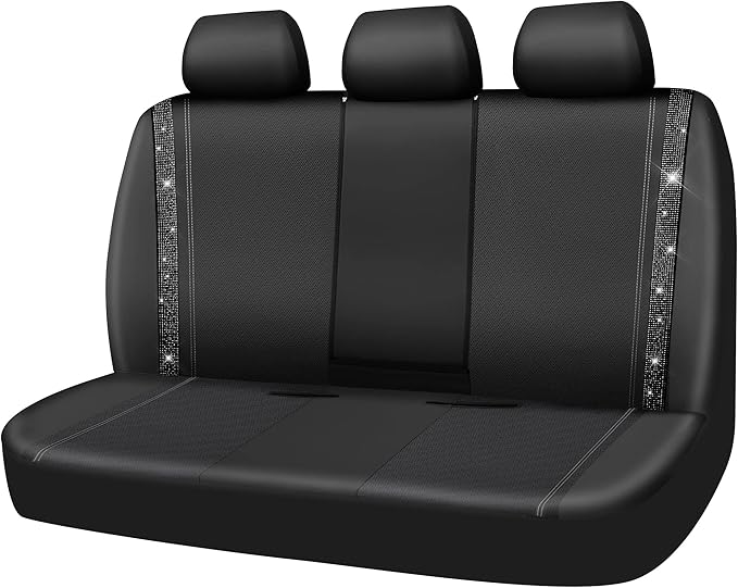 CAR PASS Bling Rhinestone Leather Back Seat Cover, Waterproof Bench Rear Seat Cover Shining Diamond Universal Fit Automotive Glitter Crystal Sparkle Strips for Kid Women Girl, Black Diamond