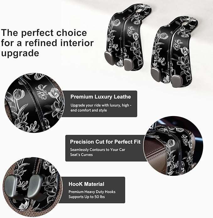 CoBak Purse Hook for Car - Universal Premium Stitched Leather and Aluminum-Magnesium Alloy Double Car Seat Back Storage Hook for Purses, Handbags, Bags (2 Pack),Floral Trace