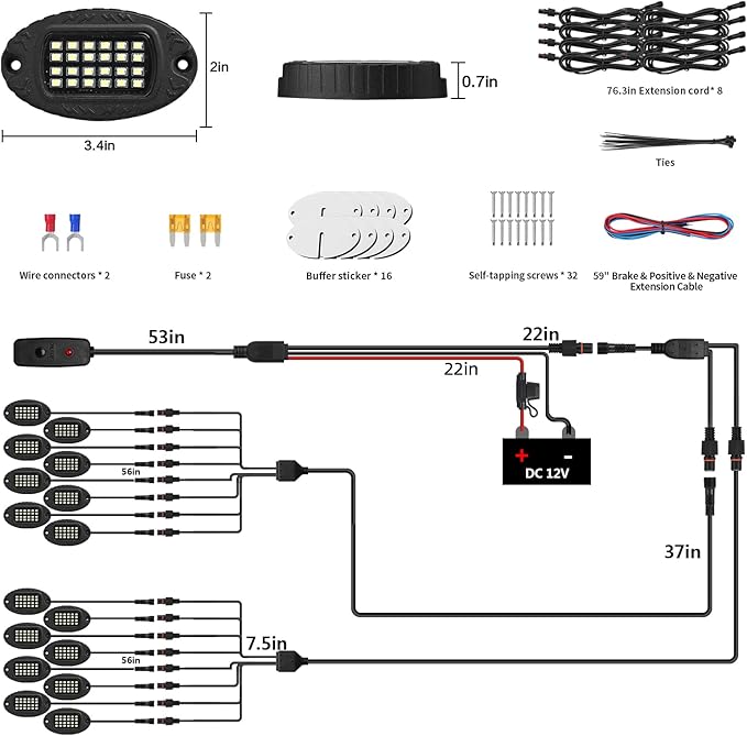 16 Pods Pure White LED Rock Lights, IP68 Waterproof Aluminum 6500K Bright White Underglow Light with Extension Cord Harness,12V Metal Fender Lights for Trucks Off Road UTV ATV Car Golf Trailer Etc