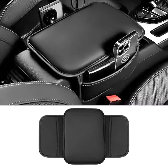 Car Center Console Cover, Leather Comfort Armrest Cover with 2 Storage Bag, Interior Car Accessories Universal Car Arm Rest Cover Pad for Car Decoration and Storage, Fit for Most Vehicle (Black)