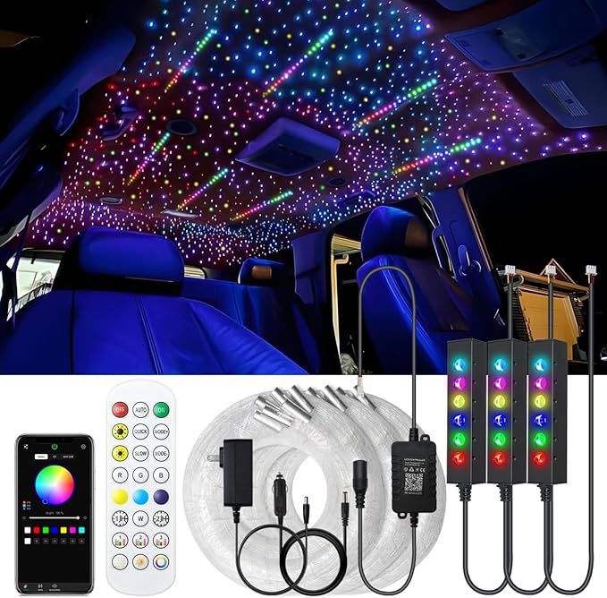 AKEPO 3.2W 6-Hole RGB Headliner Starlight Kit, APP Control Colorful Color Chasing 9.8ft 1080pcs*0.75mm/0.03in Optical Fiber Sound Activated Fiber Optic Lights for Car and Home