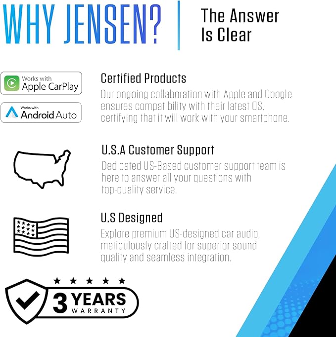 JENSEN J1CA10FL 10.1-inch Certified Apple CarPlay Android Auto Wired or Wireless | Single DIN & Double DIN Touchscreen Car Stereo Radio | Bluetooth | Front & Rear Camera Inputs | USB Playback & Charge