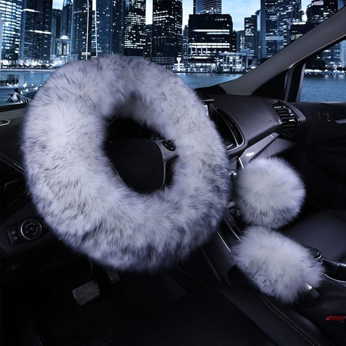 1 Set 3 Pcs Car Steering Wheel Cover & Handbrake Cover & Gear Shift Cover Set Faux Wool Warm Winter (Grey-3pcs)