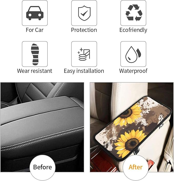 Universal Car Center Console Cushion Pad, Sunflower Flowers Brown Soft Waterproof Car Center Console Cover Auto Armrest Seat Box Cover Protector for Most Vehicle SUV Truck Car